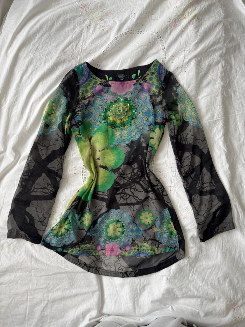 Desigual Y2K Sheer Floral Embellished Going Out Top
